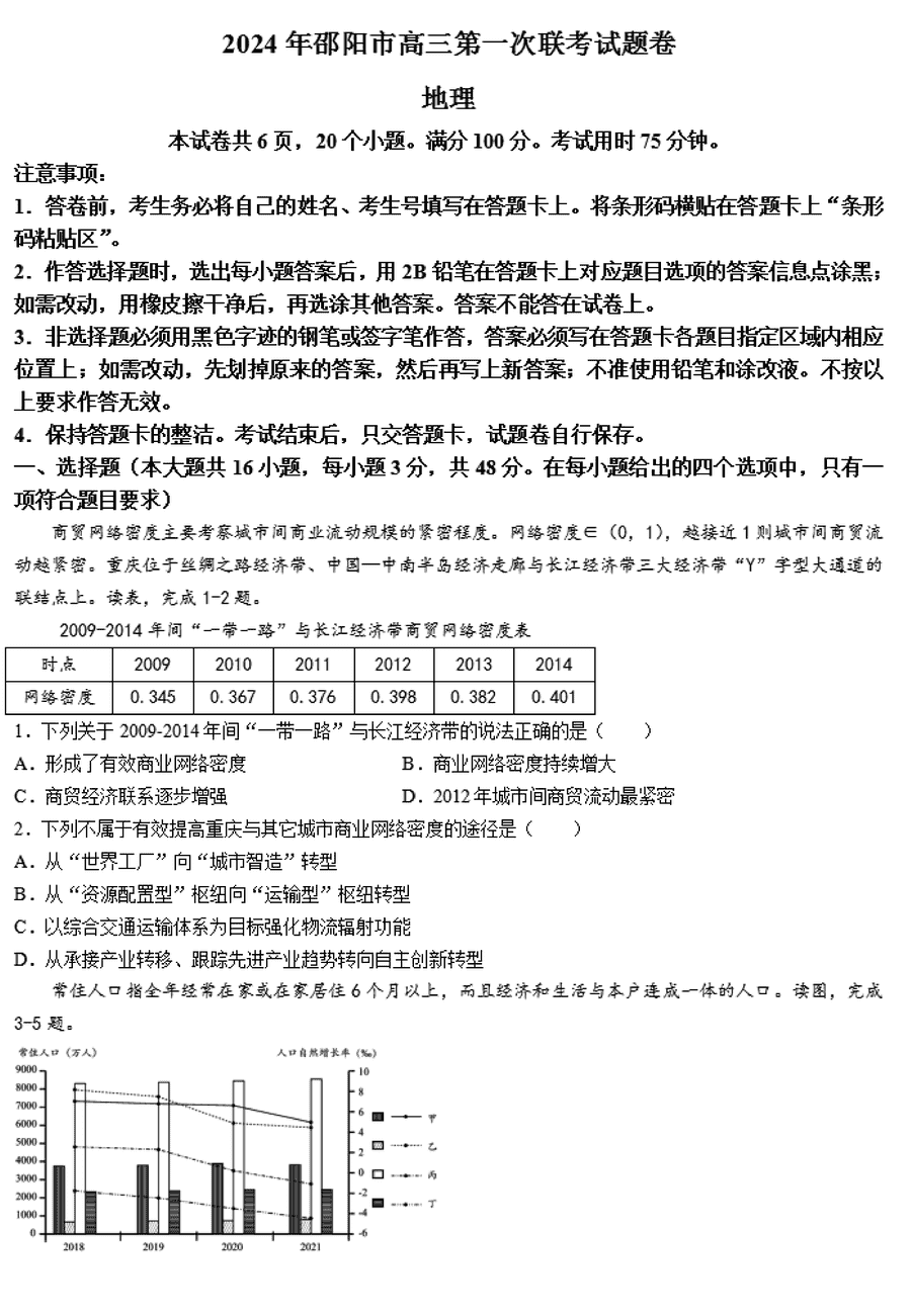 湖南邵阳一模2024届高三上第一次联考地理试卷及答案